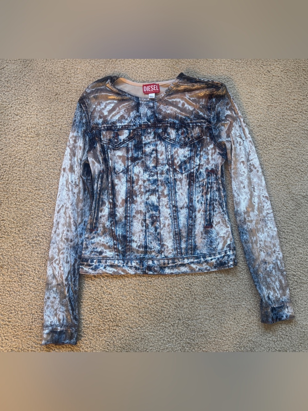 Diesel Velvet Blue T-Clauvet Long Sleeve T-Shirt Denim Print Size 175/84A